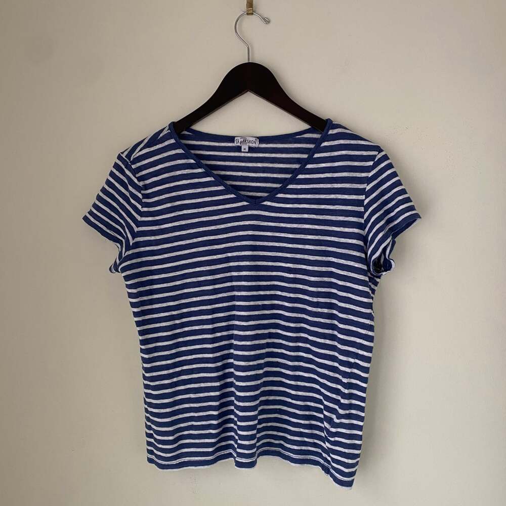 Vintage German 100% linen UP2Fashion Striped V-Neck T-Shirt nautical boho chic